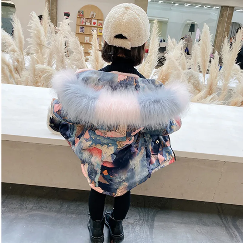 DFXD New Arrival Baby Girl Winter Thick Padded Jacket Fashion Print Fur Collar Hooded Parka Outwear Plus Velvet Warm Coats 2-8Y