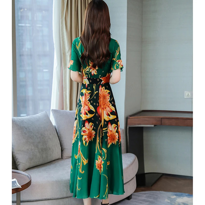 Summer Chiffon Dresses Women 2020 New Bohemia Beach Dress Fashion Ruffle Sleeve Printed Mid-long Dress Sundress Female Vestidos
