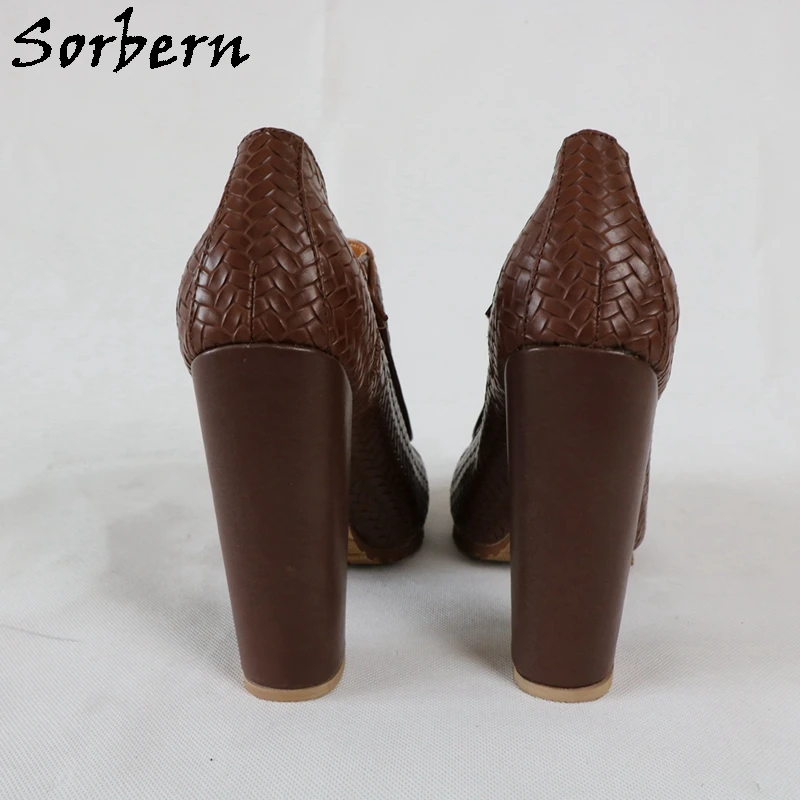 Sorbern Coffee Waved Women Pumps Shoes Block High Heel Side Zipper Cute Rund Toe Slip On Chunky Heeled Custom Colors Rubber Sole