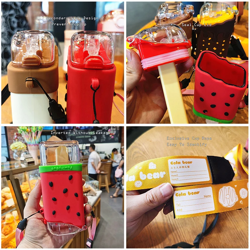 Cute Ice Cream Plastic Water Bottle With Straw Strap Popsicle Water Bottle Watermelon Kettle Leakproof Tritan Bottle BPA Free Cu