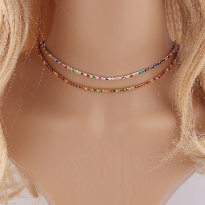 Sexy Short Gold Color Necklace With Rainbow CZ Chain Colorful CZ Charm Choker Tiny Link Chain Necklace Jewelry For Women Girl