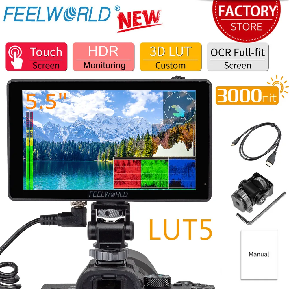 FEELWORLD LUT5 5.5 Inch 3000nit Ultra Bright Touch Screen DSLR Camera Field Monitor IPS 1920X1080 4K HDMI Input Output DC OUT