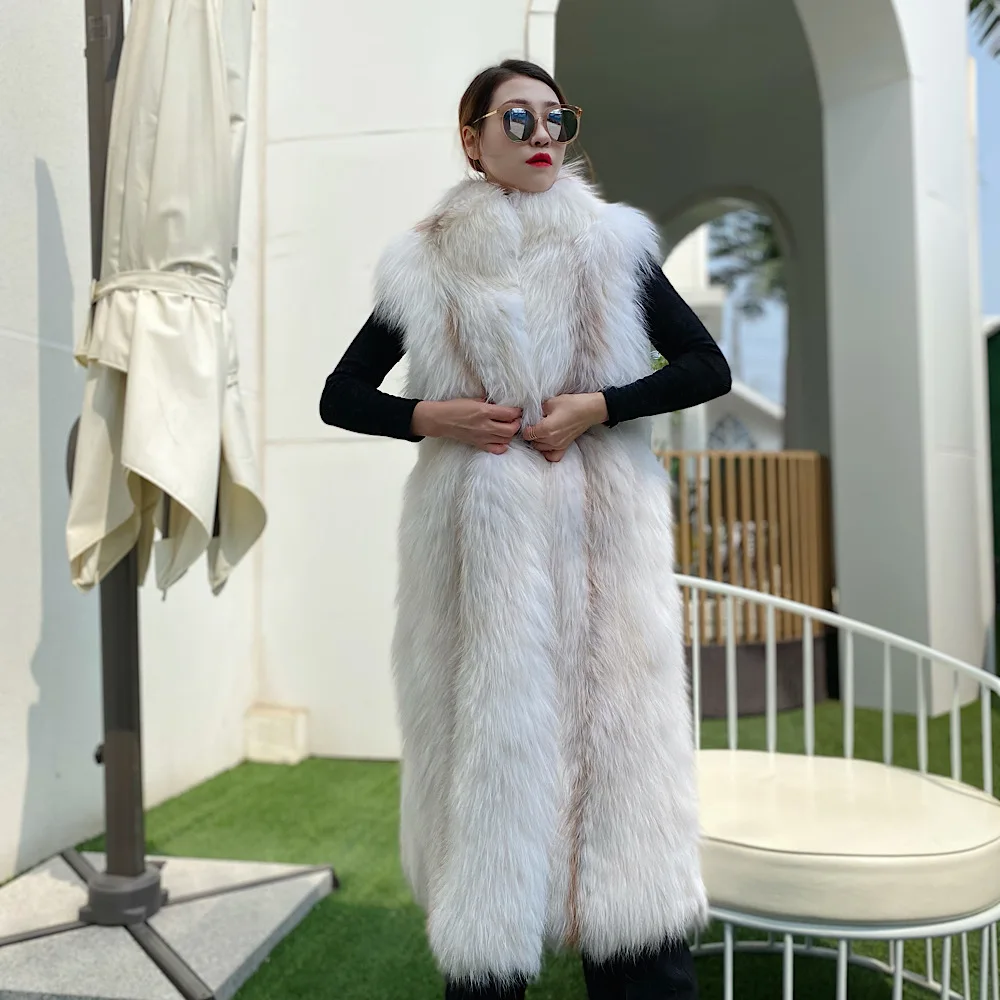 

2021New Women's 100% Real Genuine Full Cross Fox Fur Fashion Female Overcoat Long Sleeveless Vest Waistcoat Winter