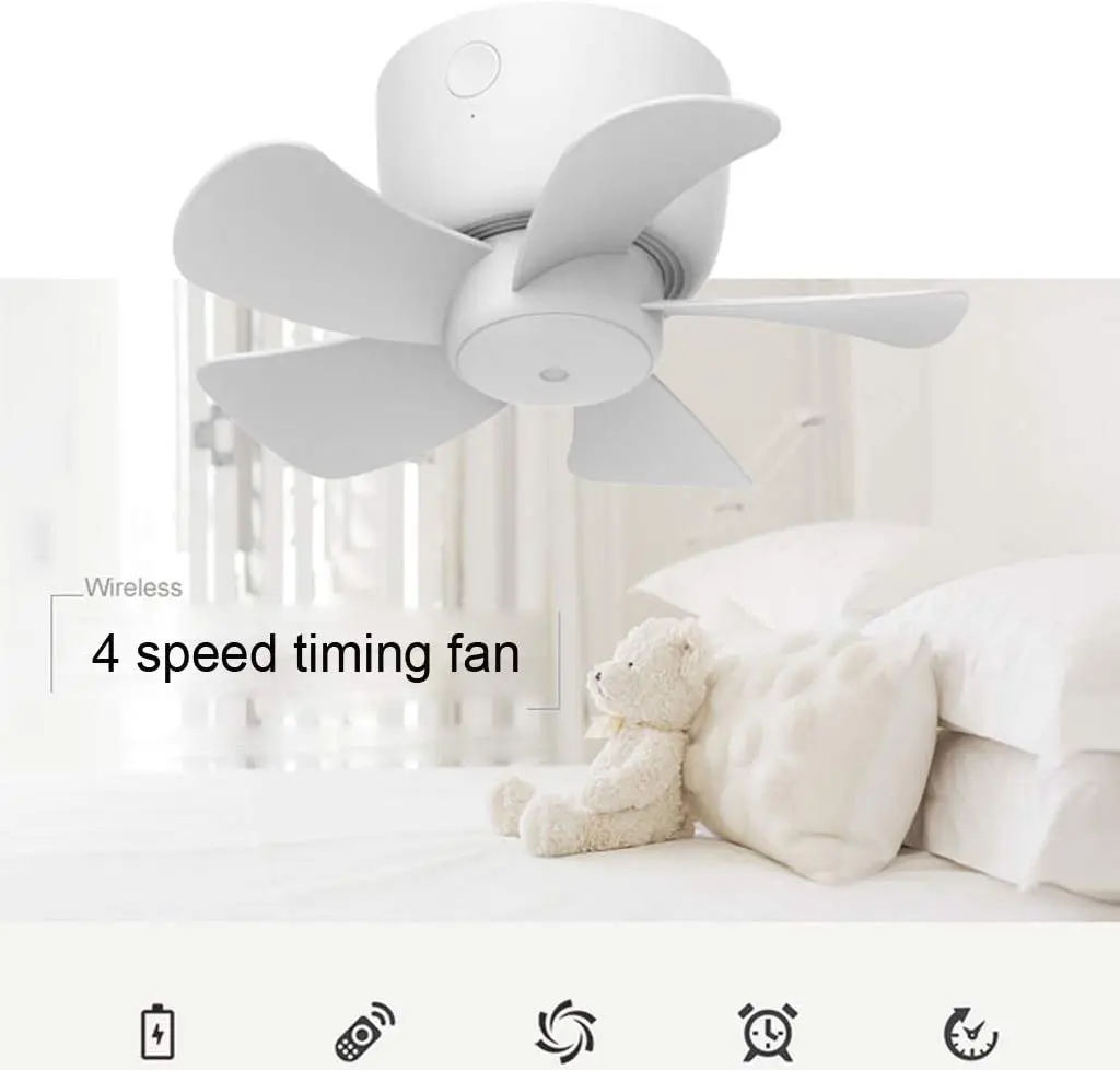 USB Rechargeable Remote Control Timing 4 Gears Ceiling Fan with Hanging Hook for Tent, 8000mAh White Camping Fan