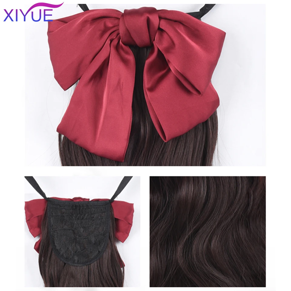 XIYUE Long Wavy Wrap Around Clip In Ponytail Hair Extension Heat Resistant Synthetic Natural Wave With Bow Pony Tail Fake Hair