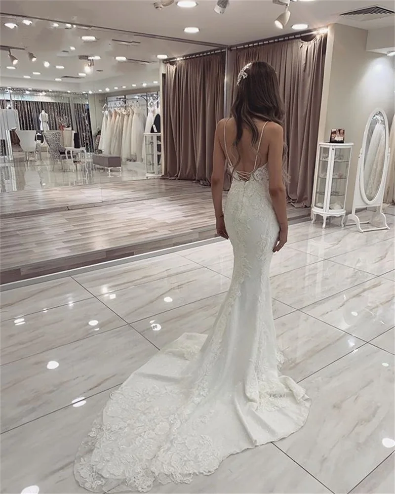 2020 neue Backless Mermaid Brautkleider Spaghetti-trägern einfache Spitze Appliques Sexy Schatz Hochzeit Kleider vestidos de novia