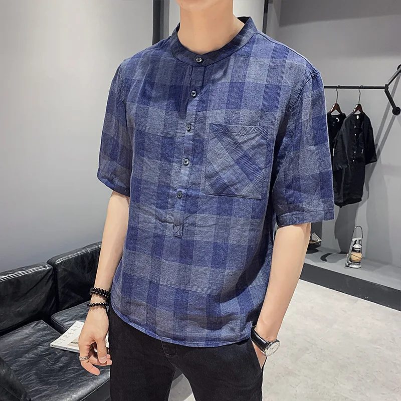 ICCLEK Linen Shirt Men's Thin Short-sleeved Summer 2021 New Plaid Shirt Korean Trend Handsome Casual Top Hemp Shirt