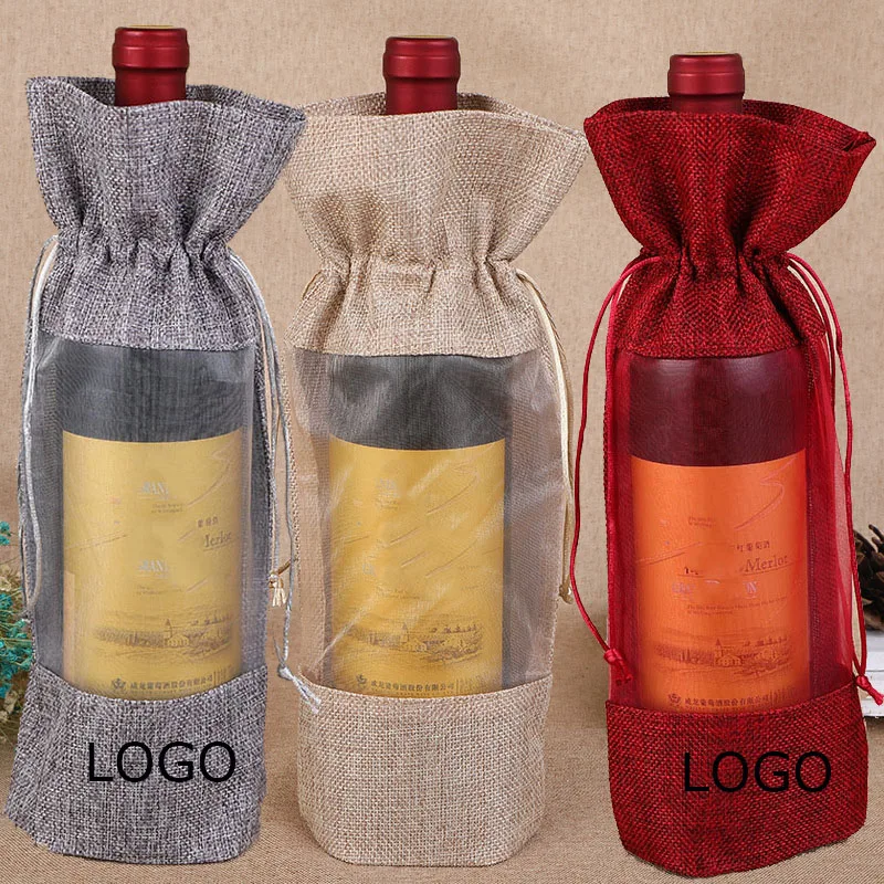 10pcs Natural Burlap Linen Jute Wine Bottle Packaging Bags Wedding Gift Drawstring Storage window organza Pouches Custom Logo