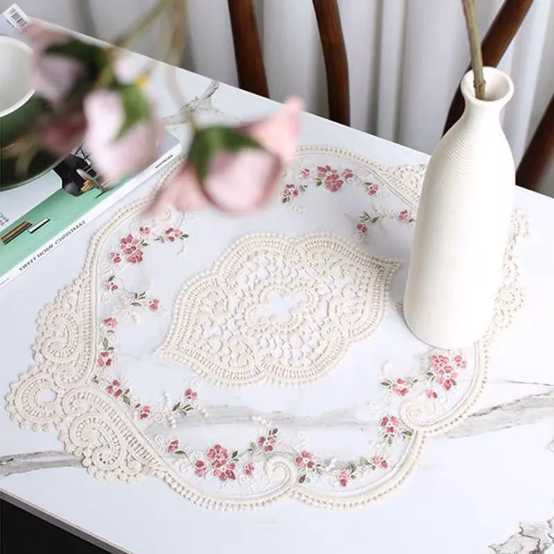 Retro Embroidery White Pink Rose Lace Placemat Costers Tablecloth Dinning Table Decoration Dust Cover Drink Costers Accessories