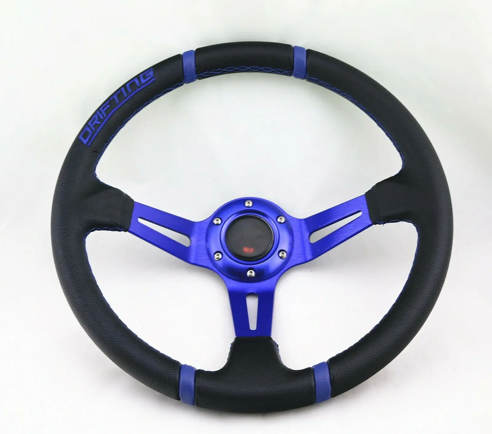 Car 350MM DEEP BLUE STITCH BLACK SPOKE 6 BOLT Racing Drifting STEERING WHEEL & HORN