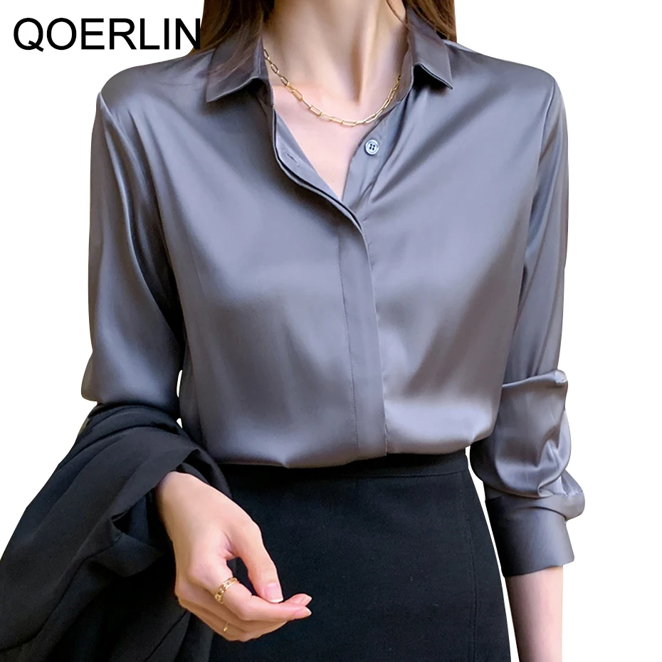 QOERLIN Silk Women\'s Shirt Long Sleeve Satin Fashion Woman Blouse 2023 Female Shirts Basic Ladies Tops OL  Women Clothing S-XXL