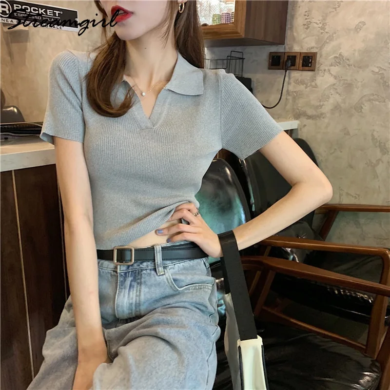 Streamgirl Polo Crop Top Women Summer 2021 Knitted Ice Silk T Shirt Short Sleeve Cropped Tshirts Women T-shirt Knitted Summer