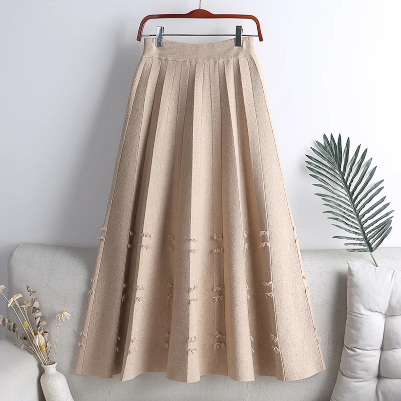 Croysier 2021 Fashion Women Clothing Winter Elastic High Waist Pleated Midi Skirt Frayed A Line Elegant Solid Knitted Skirts