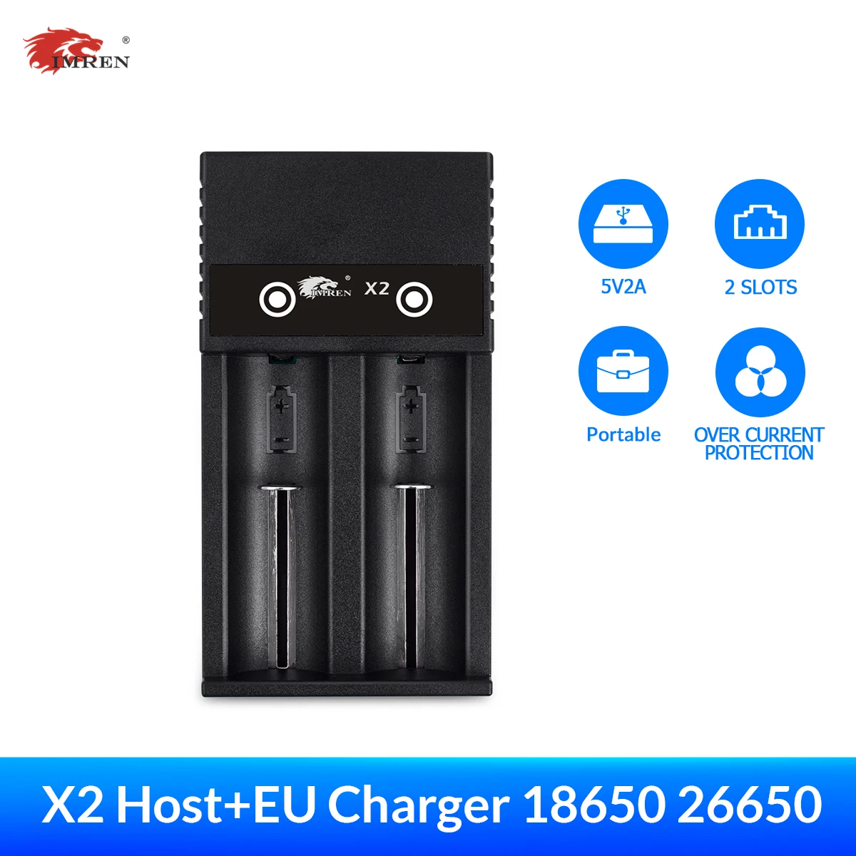 

IMREN X2 18650 Lithium Battery Charger for Li-ion 10440 14500 18650 17650 17500 21700 26650 25500 Batteries 2 Slots USB Charger