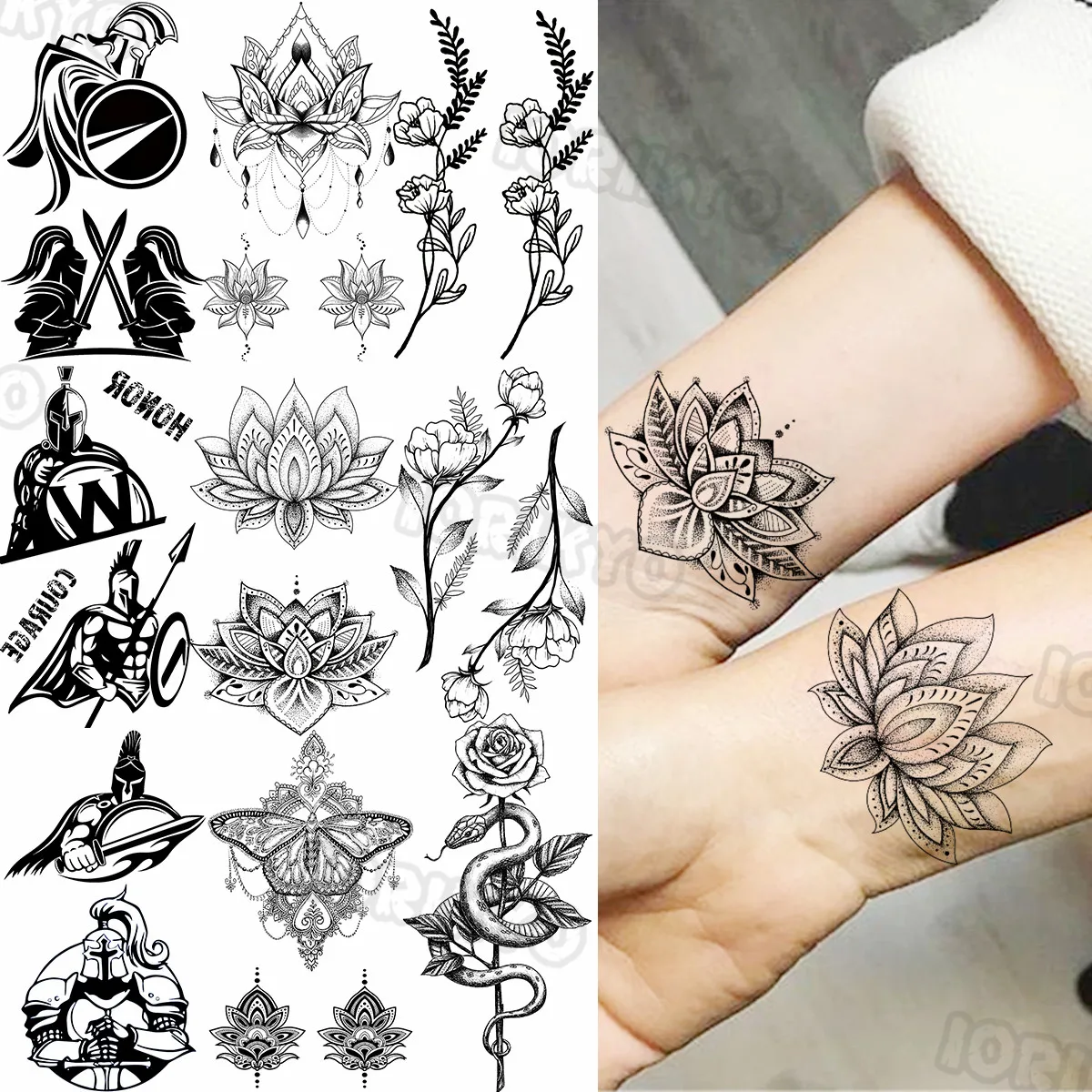 Henna Lotus Temporary Tattoos Small For Women Girls Realistic Spartan Shield Thorns Snake Fake Tattoo Sticker Arm Neck Tatoos