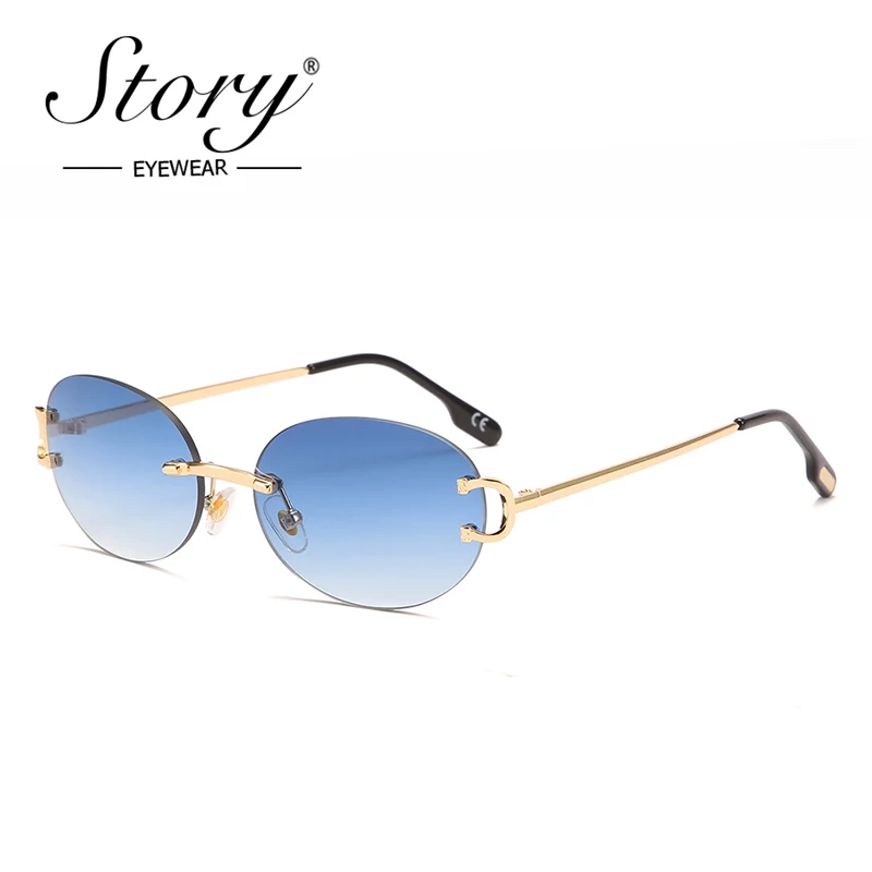 

STORY 2021 Brand Design Retro Frameless Oval Sunglasses Women Men 90s Trendy Vintage Blue Rimless Small Round Sun Glasses S50707