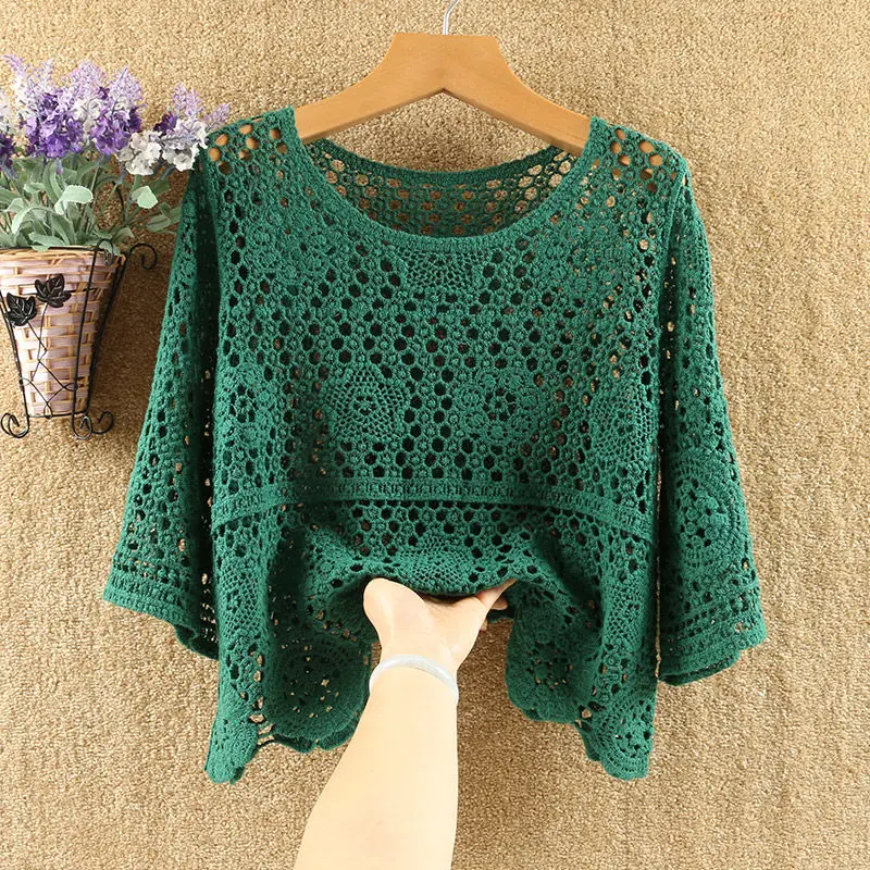 Pullover summer short hedging knitted hollow flower small outer super fairy all-match lace top