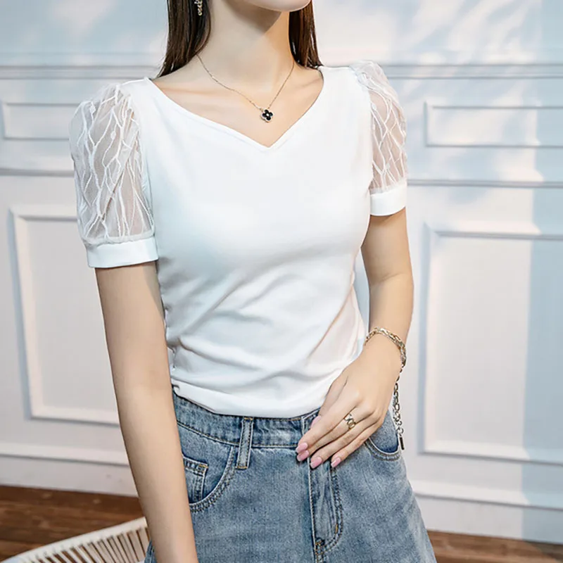 Women  Cotton T-shirt with Square Collar  and Short Sleeve Solid color  Solid pattern  Women clothing Lady T-shirts for Summer