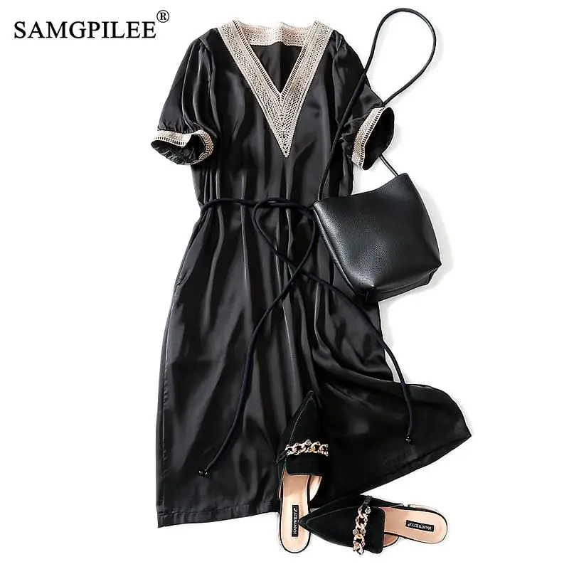 

Dresses For Women Party 2022 Vestido Casual Dress A-line Solid Short Sleeve Sashes Embroidery V-neck Elegant Dresses Womens 4XL