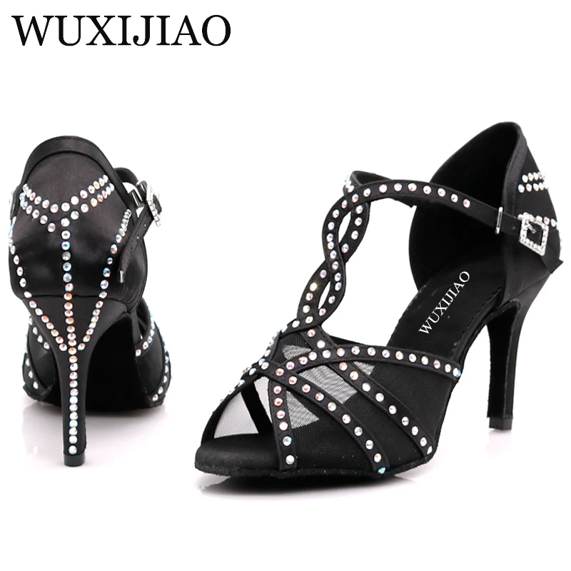 WUXIJIAOLatin dance shoes women\'s dinner dance shoes bronze skin black satin mesh shiny rhinestones salsa shoes high heels 9 cm