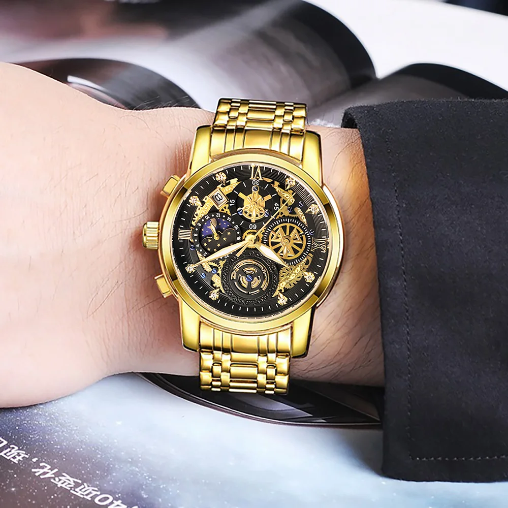 WWOOR 2024 New Fashion Design Mens Watches Top Brand Luxury Gold Stainless Steel Waterproof Sports Chronograph Relogio Masculino