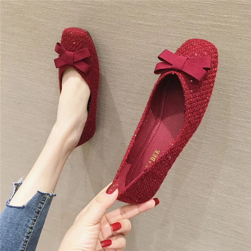 2021 Nude Shoes Black Flat Heel Shoes for Women Red Flats with Bowknot Square Head Butterfly Knot Solid Color 31 32 33 44 45