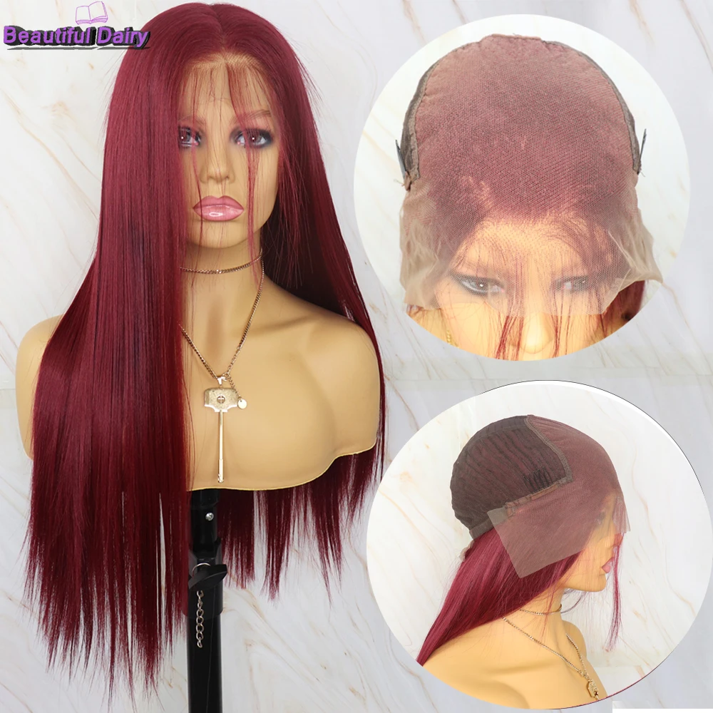 Beautiful Diary 13x6 Long Silky Straight Futura Synthetic Lace Front Wigs Burgundy Color Glueless Heat Resistant Fiber Hair Wig