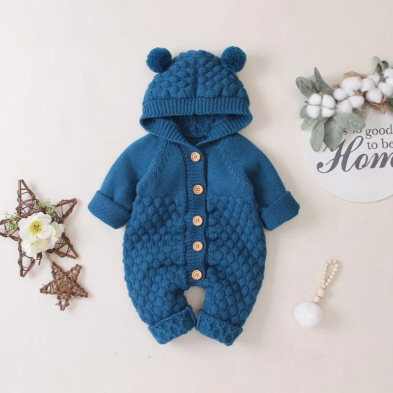 Newborn Infant Baby Girl Boy Winter New Warm Coat Knit Outwear Hooded Jumpsuit Solid Cute Soft Comfortable Pretty Set