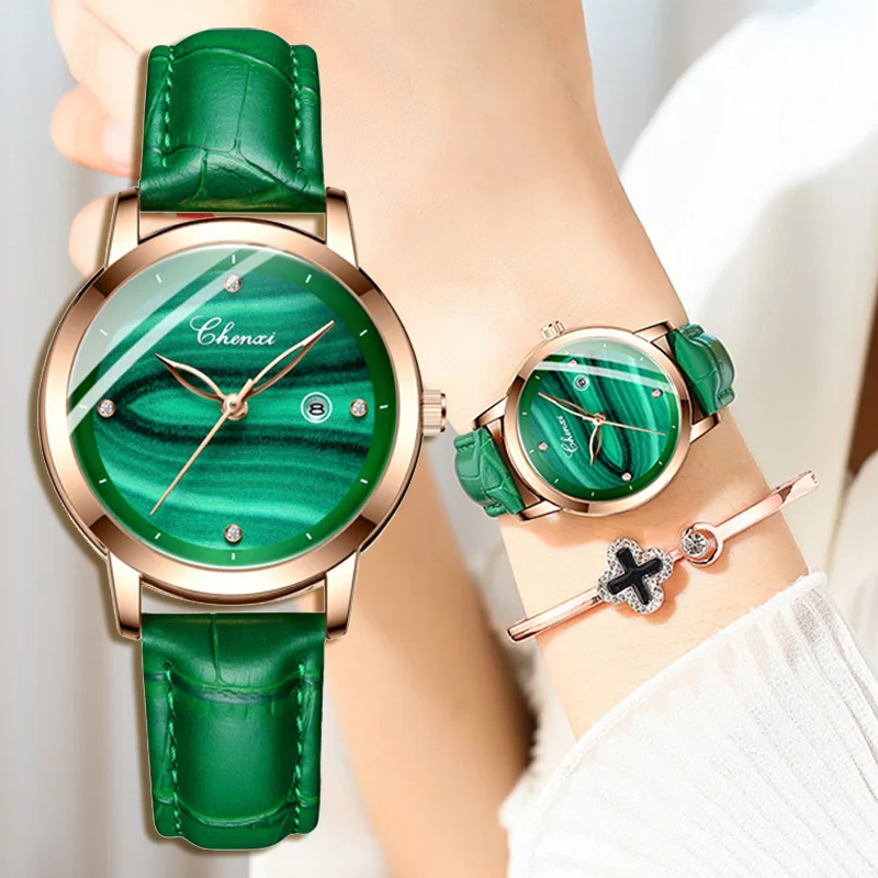 Montre-bracelet en cuir Antique Malachite pour femme, or rose, vert, Ins, montre populaire pour femme, cadeau unique, mode féminine