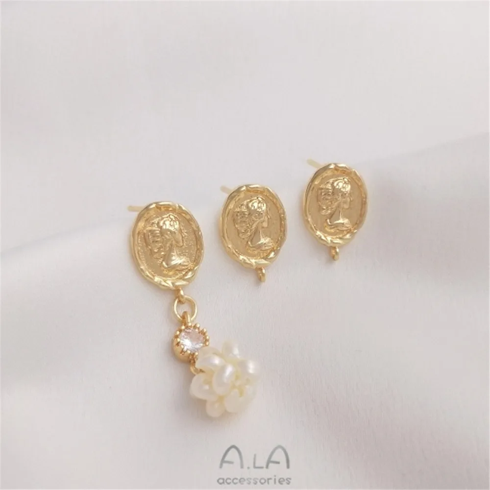 14K gold wrapped Queen's head gold coin with Earrings 925 silver needle DIY fashion retro earrings