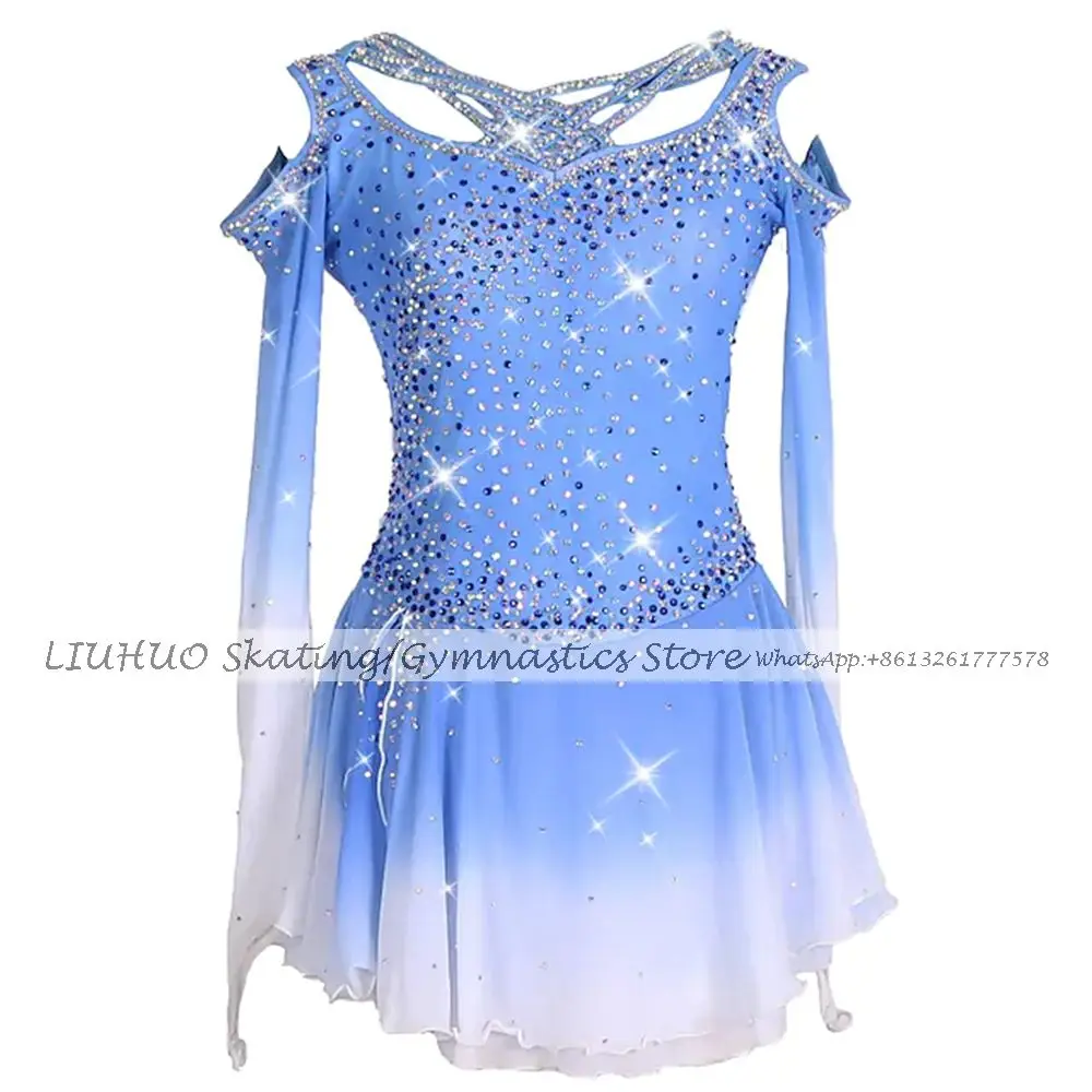 Ice Figure Skating Dress Girls Women Blue Gradient Ballroom Dance Skirt Kids Competition Rhythmic Gym Leotards Child