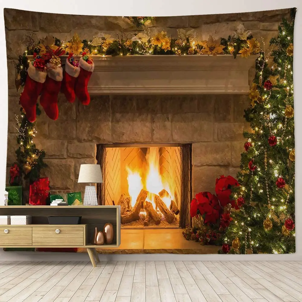 Christmas Fireplace Merry Xmas Happy New Year Fabric Wall Hanging Art Decorations