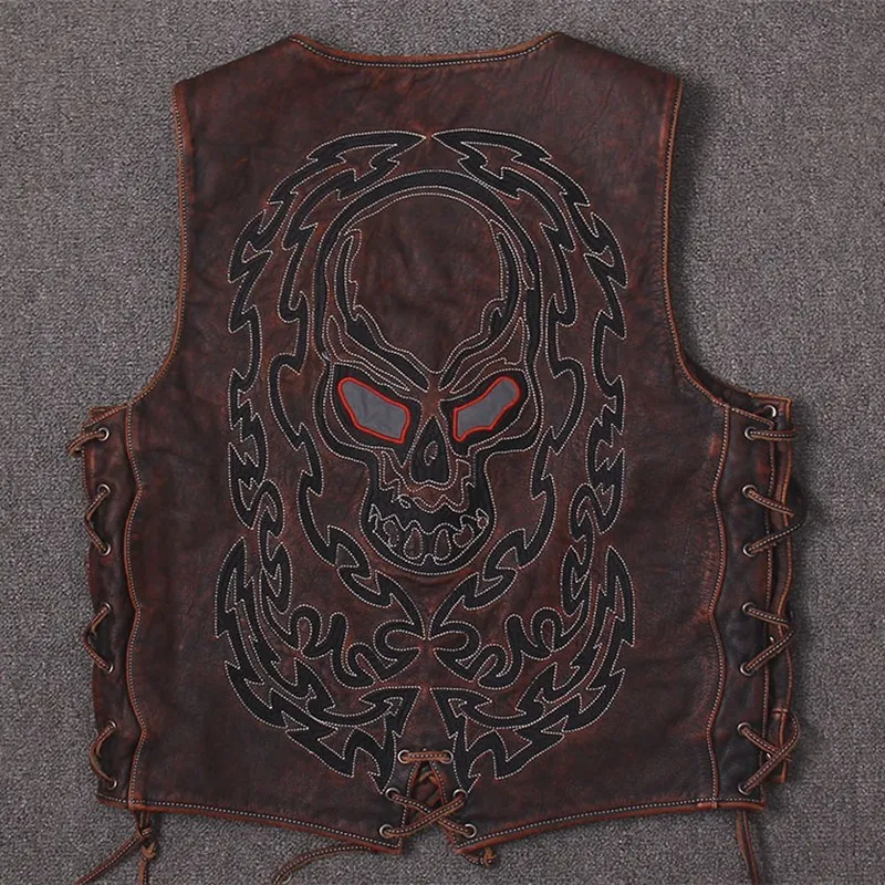 2020 Vintage Red Brown Men Biker\'s Leather Jacket Single Breasted Size XXL Genuine Cowhide Spring Slim Fit Short Motorcycle Vest