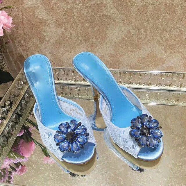 

Summer Diamond Flower High Heel Lace Slipper Sexy Peep Toe Crystal Slingback Street Stilettos Sandals Floral Banquet Dress Shoes