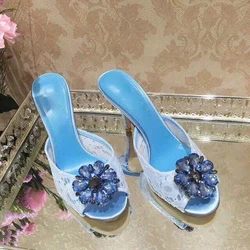 Summer Diamond Flower High Heel Lace Slipper Sexy Peep Toe Crystal Slingback Street Stilettos Sandals Floral Banquet Dress Shoes