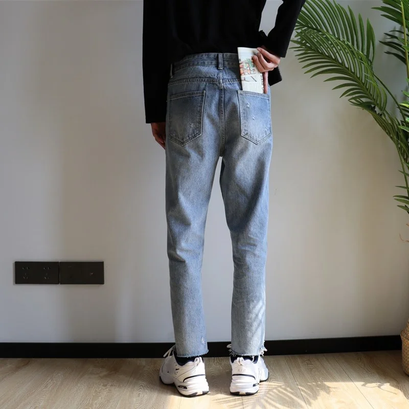 Autumn Spring 2022 New Hole Ankle-Length Pants Mens Straight Loose Vintage Casual Burrs Korean High Street Male Fashion Jeans