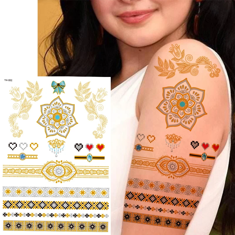 100 fogli all'ingrosso ragazza Body Art oro metallico tatuaggio temporaneo adesivo manica catena braccialetto falso gioielli impermeabili donne