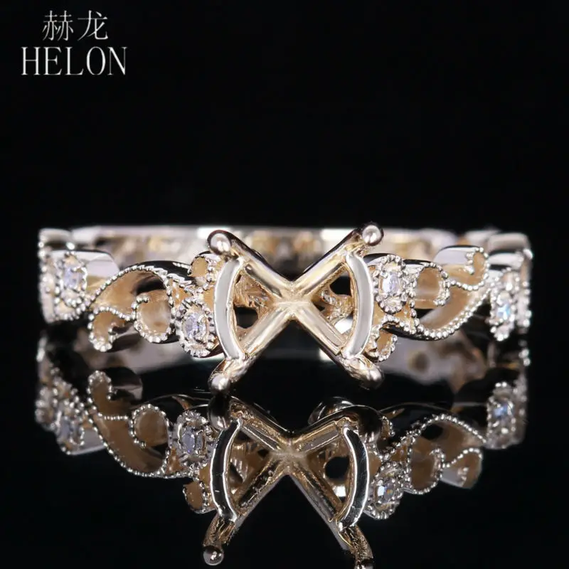 HELON 7-8mm Round Solid 14K Yellow Gold AU585 Natural Diamonds Semi Mount Engagement Wedding Ring Setting Women Fine Jewelry