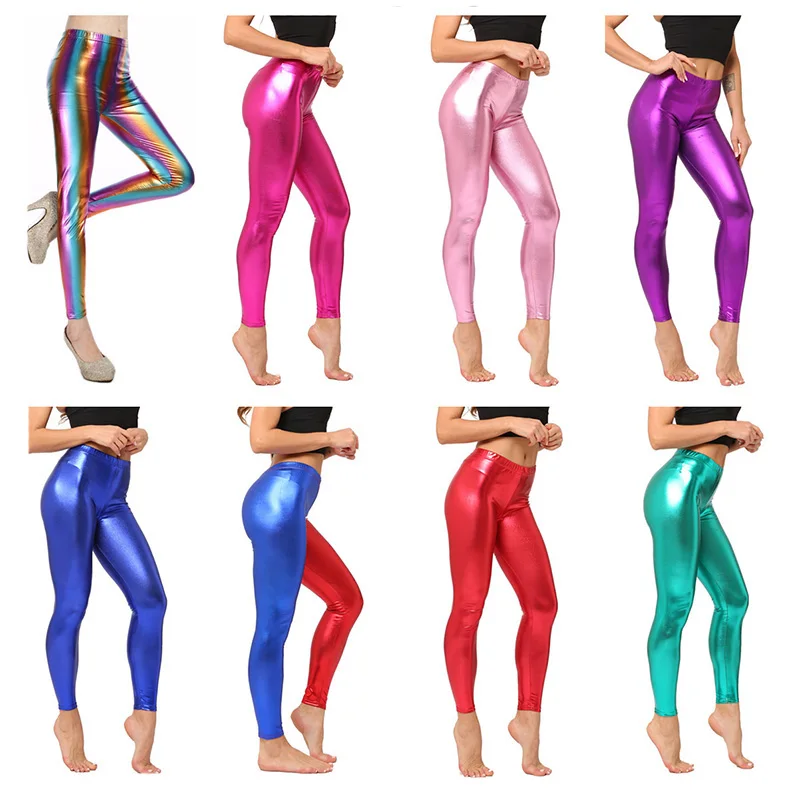 Leggings brilhantes sexy para mulheres, calças skinny, calças elásticas, roupas elásticas, fitness corporal, prata, preto, ouro, vermelho, moda