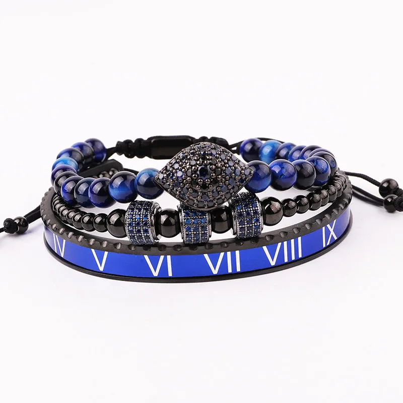 High Quality Luxury Blue Zirconia Stone Eye Charm Stainless Steel Bangle Macrame Friendship Bracelet Set Men Jewelry Gift