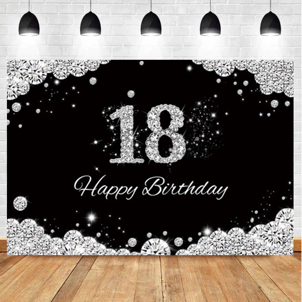 Laeacco 18st Black White Birthday Photography Background Diamond Custom Portrait Backdrop Photocall For Photo Studio