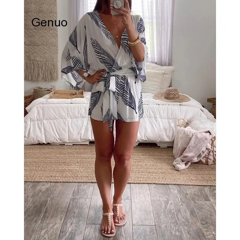 Women Summer Sexy Deep V Neck Playsuit Ladies Print Long Sleeve Loose Shirt Jumpsuit Fashion Female Romper Blouse Romper