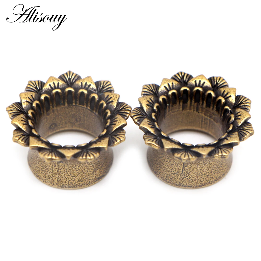 Alisouy 2pcs New Vintage Flower Leaf Copper Ear Gauges Flesh Tunnels Plugs Expanders Stretcher Piercing Body Jewelry 8mm-16mm