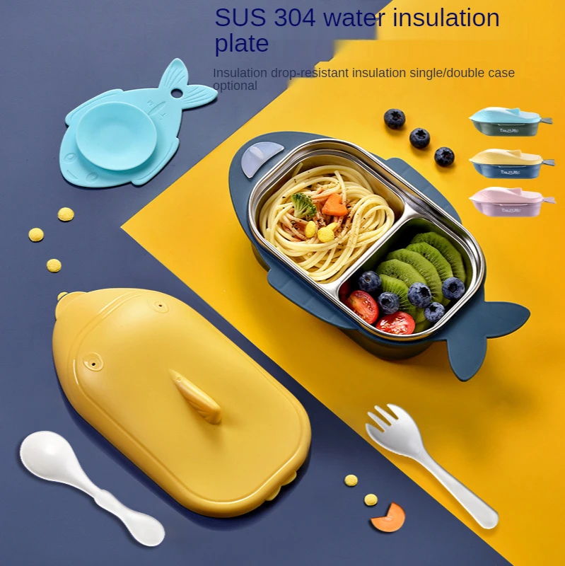 Stainless Steel Thermal Insulation Lunch Box Cartoon Water Injection Thermal Insulation Lunch Box Student Dinner Plate Tableware