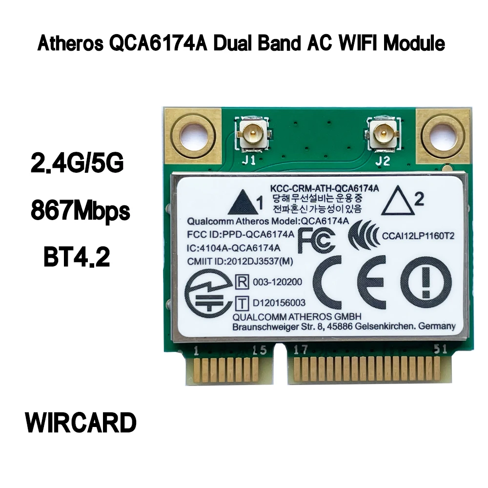 WIRCARD Atheros QCA6174A 듀얼 밴드 AC WIFI 모듈 WIFI 어댑터 미니 PCI-E 2.4G/5G 교체 QCA9377