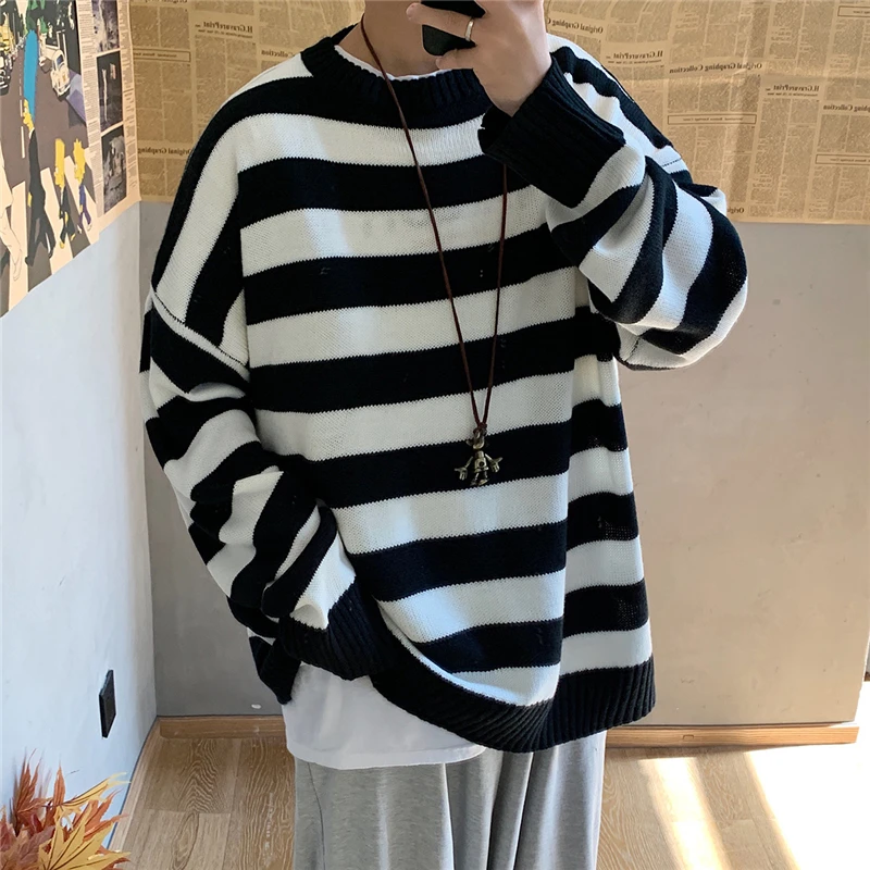 Winter Knitted Sweater Men Striped Sweaters O-Neck Pullover Male Harajuku Oversized Sweaters Women Couple Hip Hop Jumper 2022