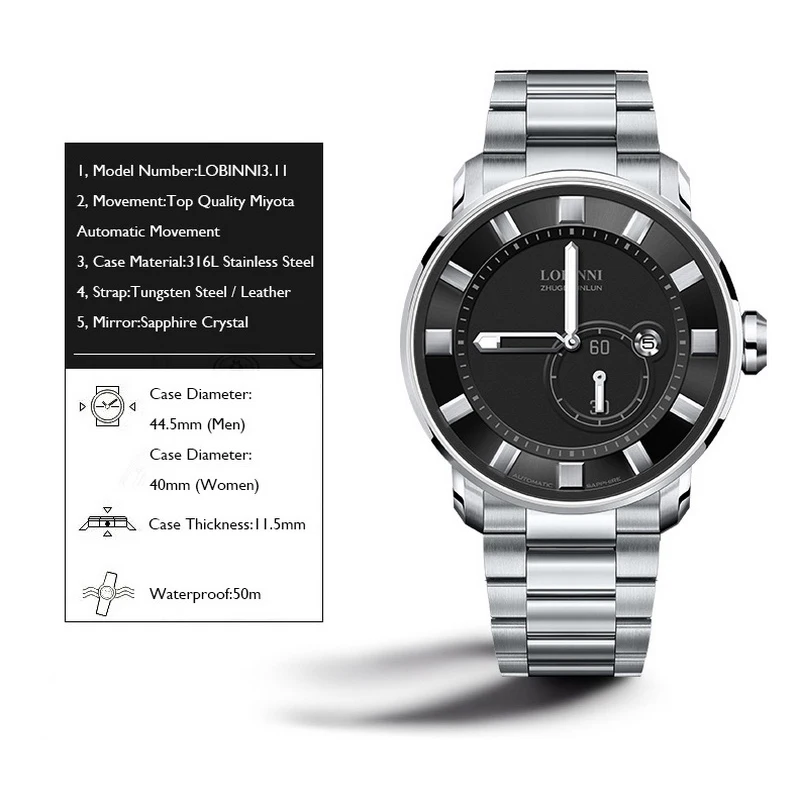 ساعة يد ميكانيكية أوتوماتيكية للرجال من LOBINNI، مرآة ياقوتية مضيئة، قرص ثاني صغير