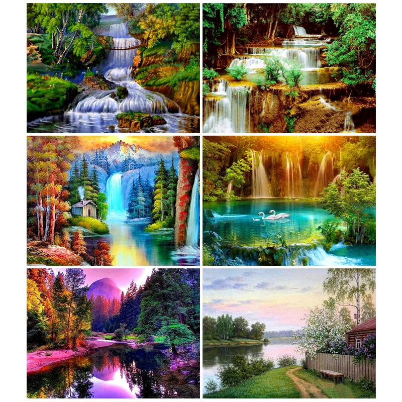 Village Lake Natural Scenery Diamond Embroidery Full Rhinestone Diamond Mosaic Diamond Painting Cross Stitch Kit Home Decoration