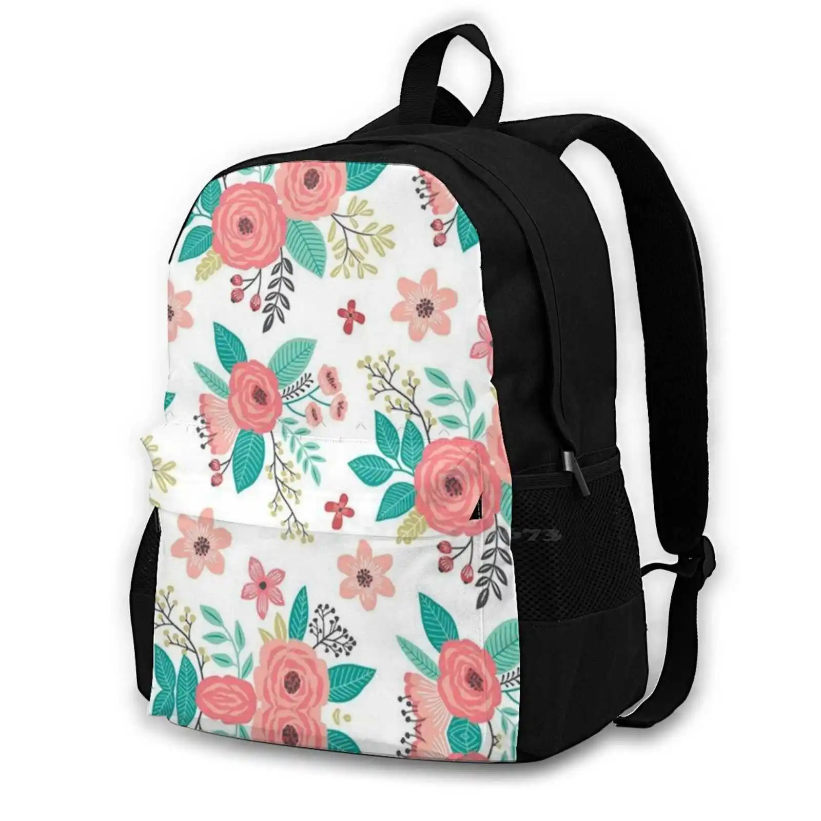 Flowers Design Fashion Travel Laptop School Backpack Bag Floral Flowers Pattern Pretty Vintage Pink Girly Roses Shabby Chic