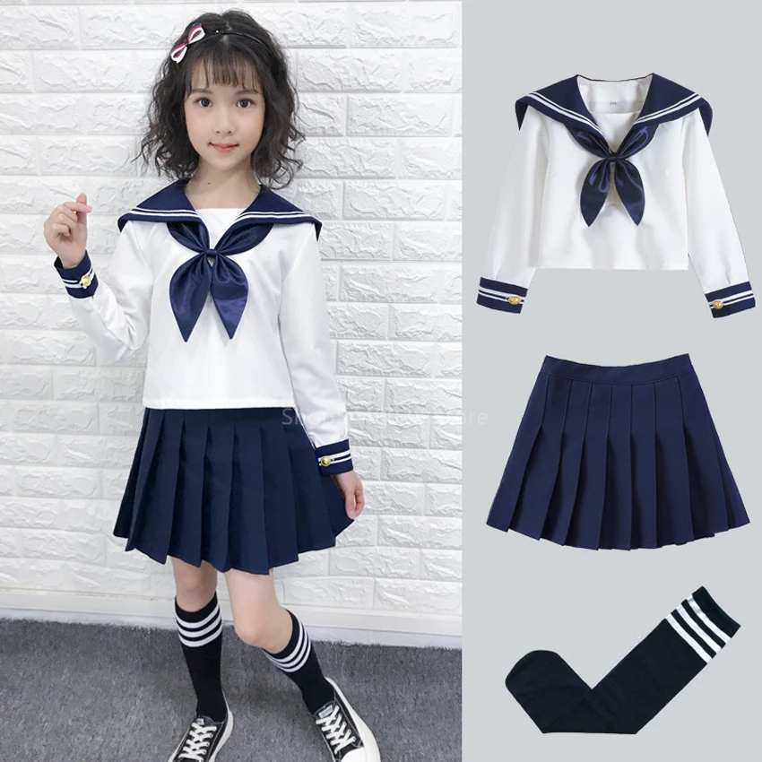 Kid Jk Sailor Jurk 4 Stuks Meisje Japanse Koreaanse Orthodoxe School Uniform Plooirok Navy Lange Korte Mouwen Kawaii Pak anime Cos